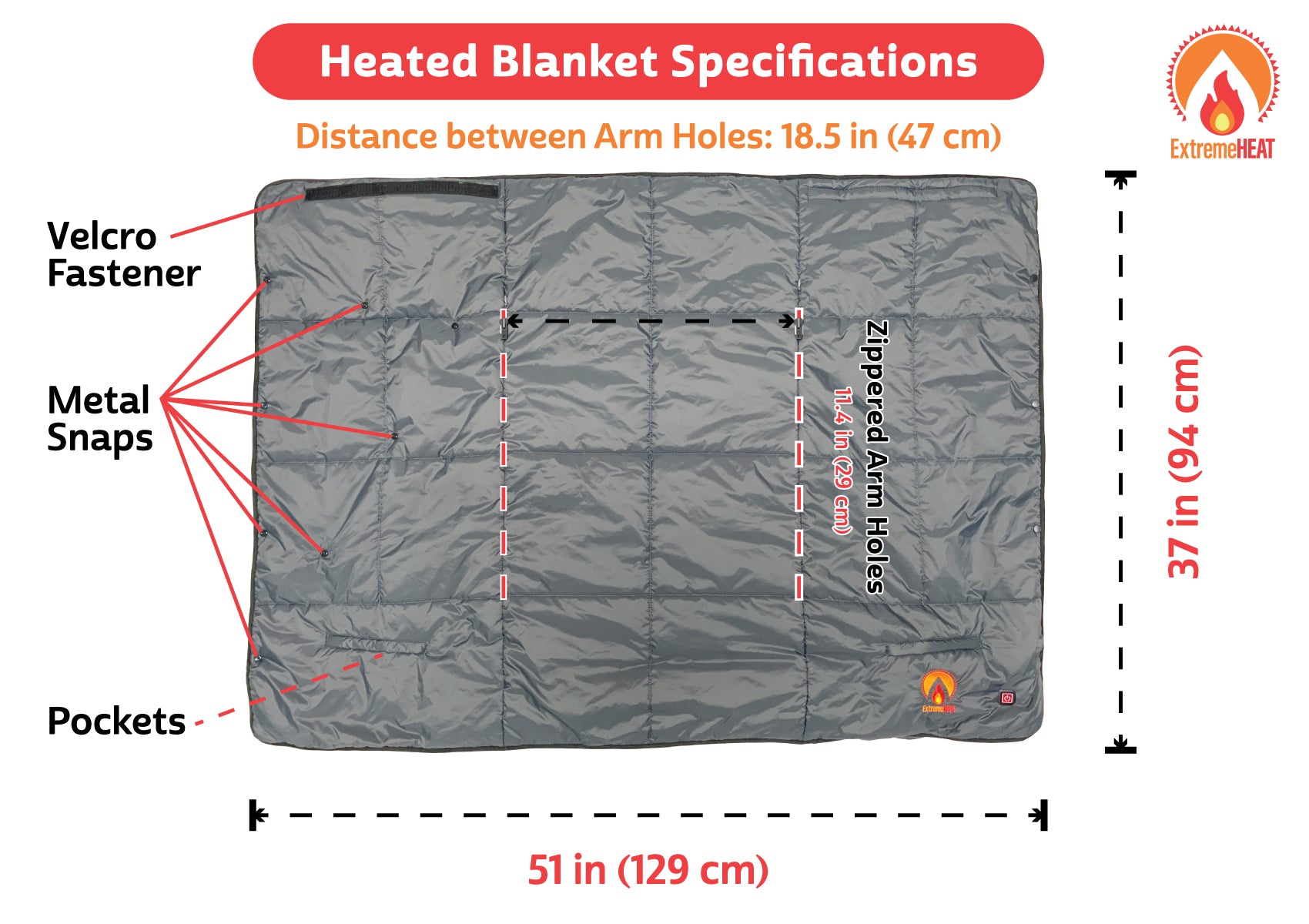 Heated blanket measurement of 51" W x 37" H, featuring 5 heating zones and keeping your arms and chest warm while staying hands-free