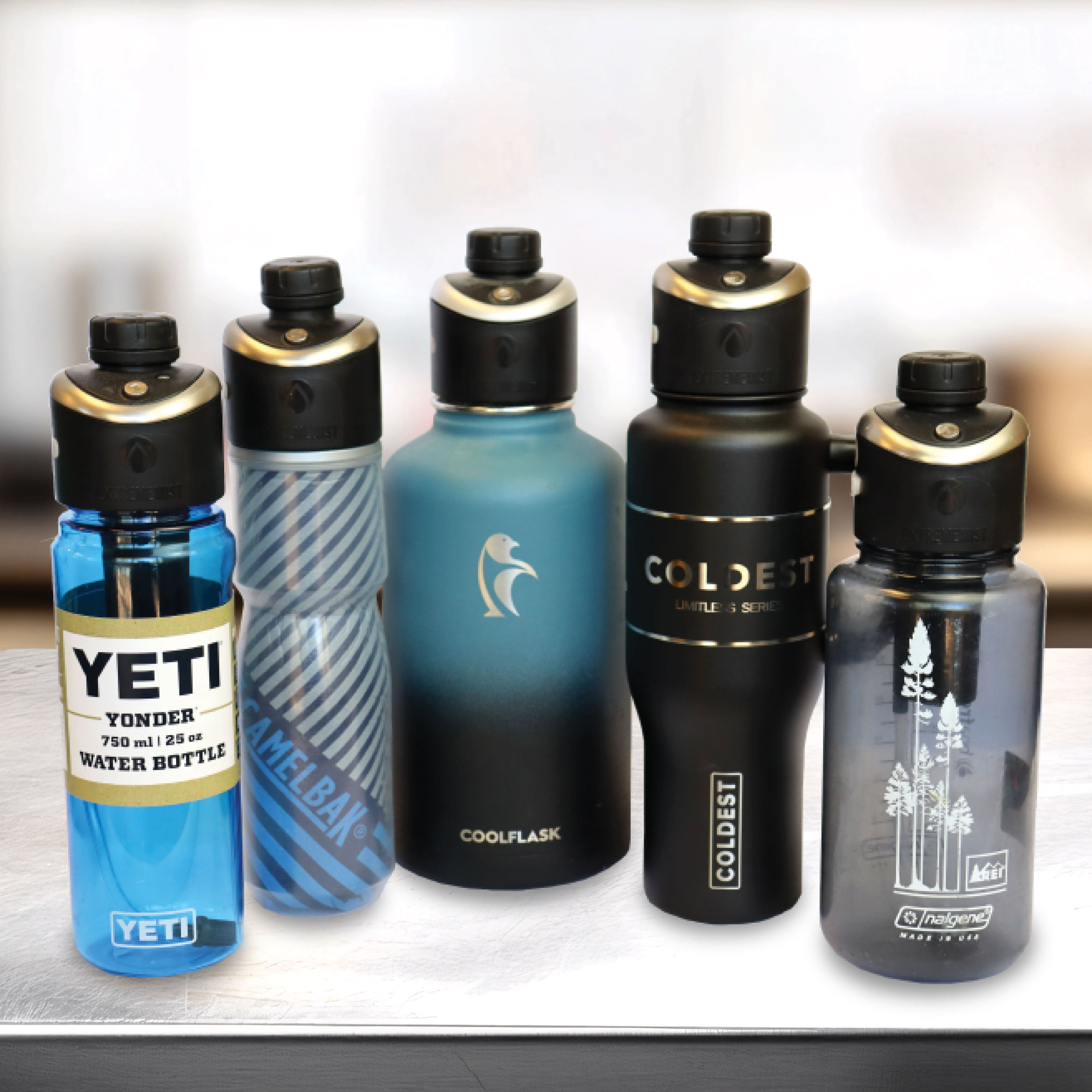 Collection of various, popular water bottles cmplatible with GoMist Cap, Yeti, camelbak, Cool flask, Coldest, REI