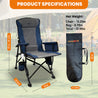 Compact and foldable heated camping chair with added comfort features.