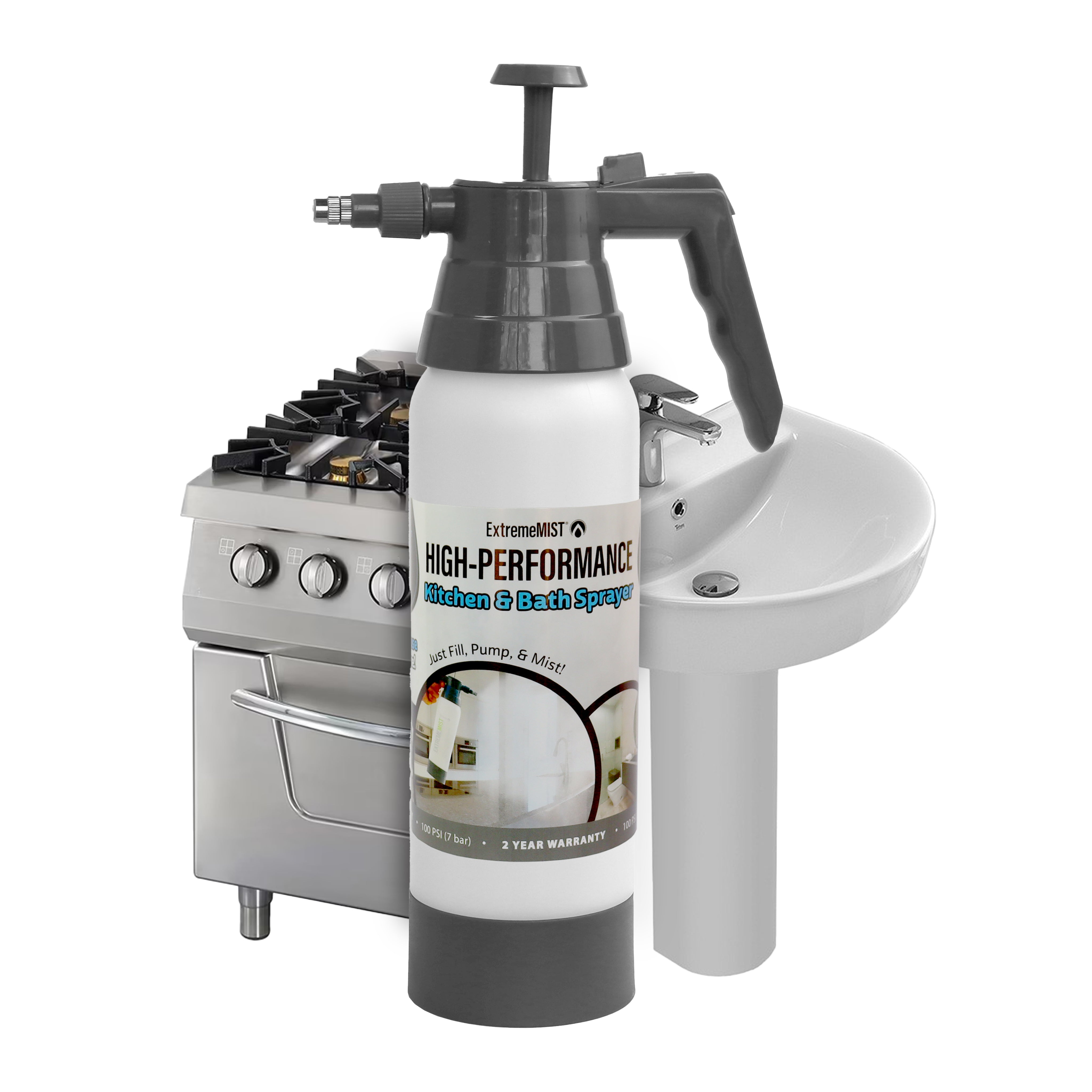 High-Performance Kitchen and Bath Mister sprayer with a stove and sink in the background