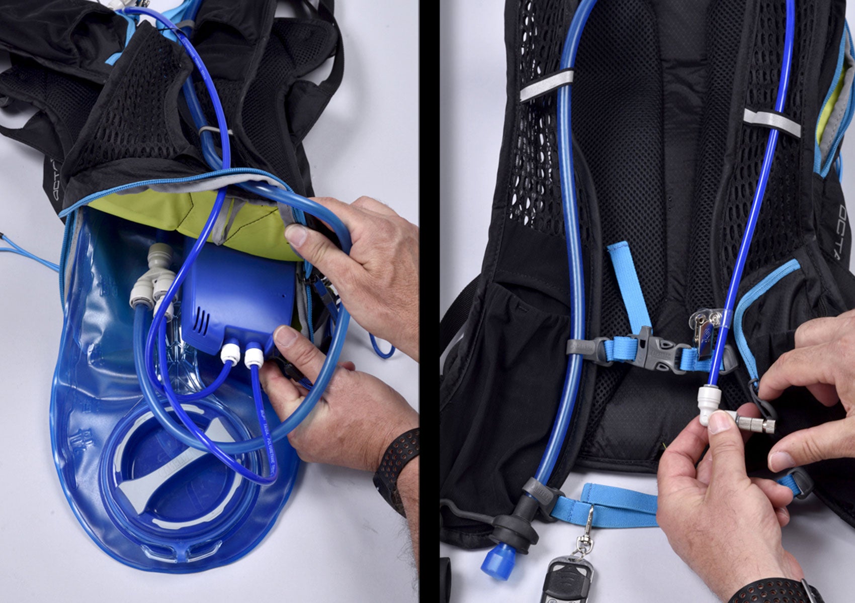 putting retrofit misting kit inside of backpack